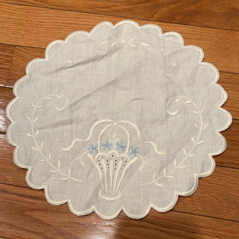 Vintage Cream and Blue Embroidered Linen Doily
